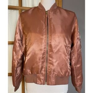 Y2K GAP Primaloft Satin Bomber Jacket Women's S Peach Full Zip Pockets Varsity
